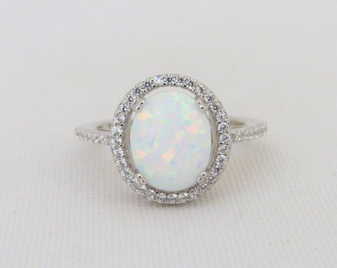 Vintage Sterling Silver Oval White Opal & White Topaz Halo Ring Size 7