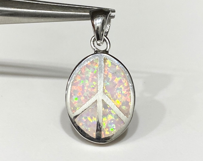 Vintage Sterling Silver White Opal Peace Sign Oval Pendant.