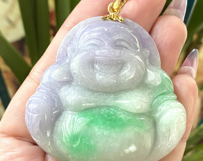 Vintage 18K Solid Yellow Gold Green, Purple, White Jadeite Jade Laughing Buddha, Happy Buddha Pendant Mat Ong Dia, Mat Phat Di Lac.