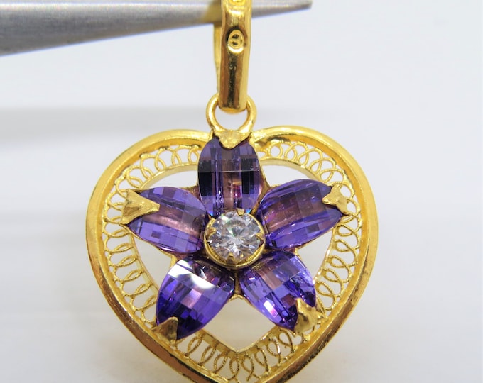 Vintage 23K 980 Pure Gold Amethyst Floral Heart Pendant