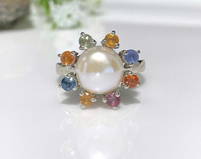 Vintage Sterling Silver Natural Pearl & Multi Color Sapphire Ring Size 7