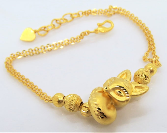 24K 999 Pure Gold 3D FOX Link Chain Vintage Bracelet 7 2/8''