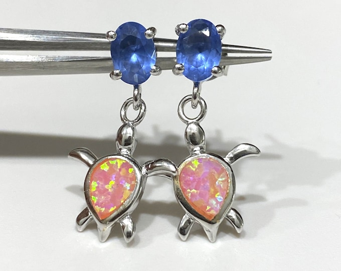 Vintage Sterling Silver Oval cut Tanzanite & Pink Opal Turtle Earrings.