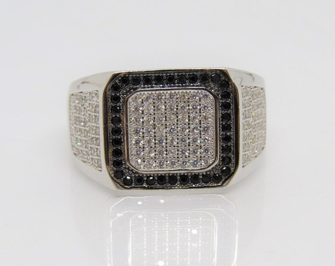 Vintage Sterling Silve White Topaz & Black Sapphire Men's Ring Size 9