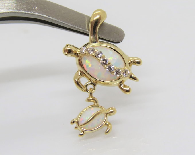 Vintage 14K Solid Yellow Gold White Opal & White Topaz Turtles Charm Pendant