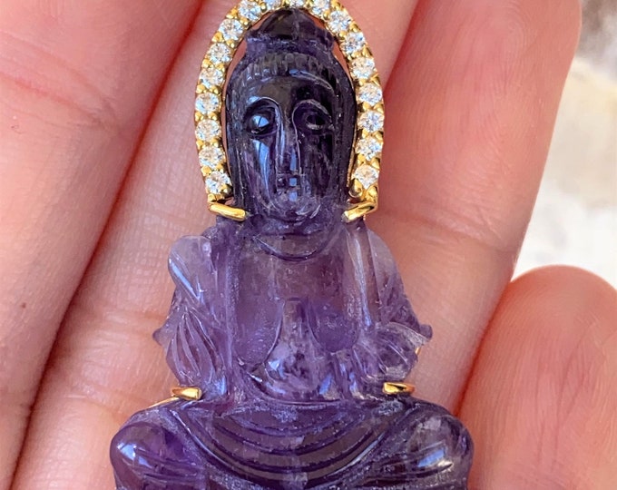 Vintage 18K Solid Yellow Gold Natural Amethyst, White Topaz Quan Yin Buddha Pendant