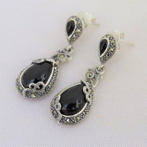 Vintage Sterling Silber Tropfen Ohrringe aus schwarzem Onyx und Markasiten