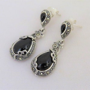 Vintage Sterling Silver Pear cut Black Onyx & Marcasite Drop Earrings