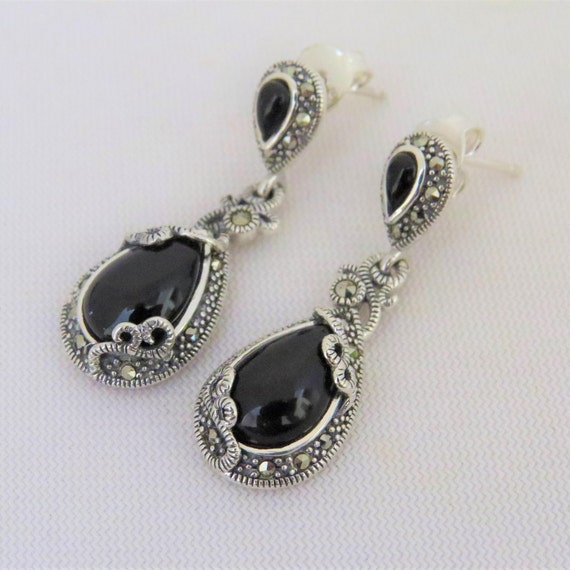Sterling Silver Antiqued Finish Filigree Onyx Pear Dangle Earrings Sterling Silver Antiqued Finish Filigree Onyx Pear Dangle Earrings