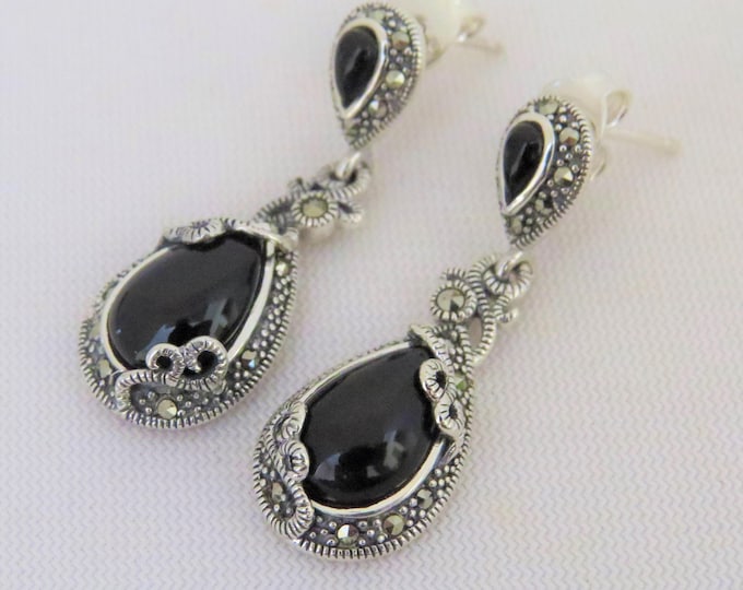 Vintage Sterling Silver Pear cut Black Onyx & Marcasite Drop Earrings