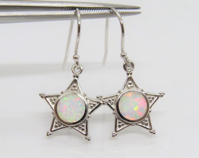Vintage Sterling Silver White Opal Star Dangle Earrings