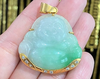 Vintage 18K Gold Jadeite Laughing Buddha Pendant with White Topaz.