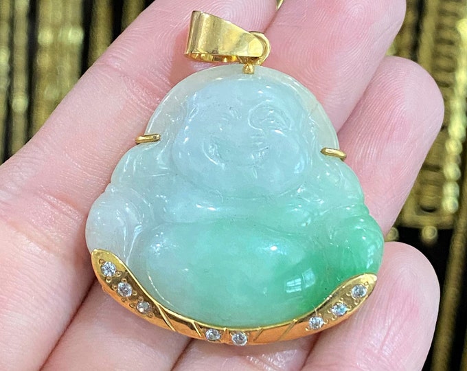 Vintage 18K Solid Yellow Gold Green, White Jadeite Jade, White Topaz Laughing Buddha Pendant Phat Di Lac
