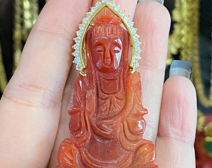 Vintage 18K Solid Yellow Gold Red Jade Jadeite Jade, White Topaz Kwan Yin Buddha Pendant Phat Ba Quan Am