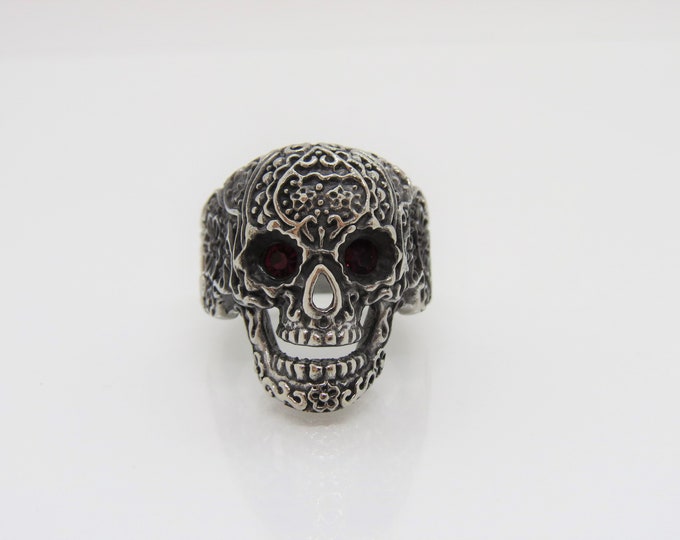 Vintage Gothic Jewelry Silver Tone Red Rhinestone Skull Ring Size 13
