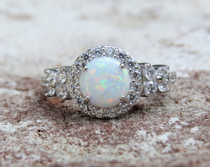 Vintage Sterling Silver White Opal & White Topaz Engagement Ring.
