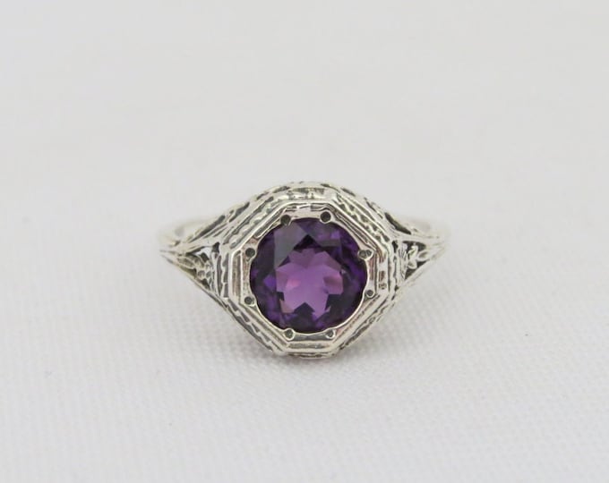Vintage Sterling Silver Natural Amethyst Filigree Ring Size 6