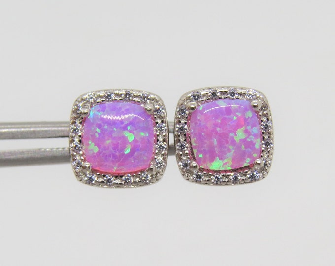 Vintage Sterling Silver Pink Opal & White Topaz Earrings