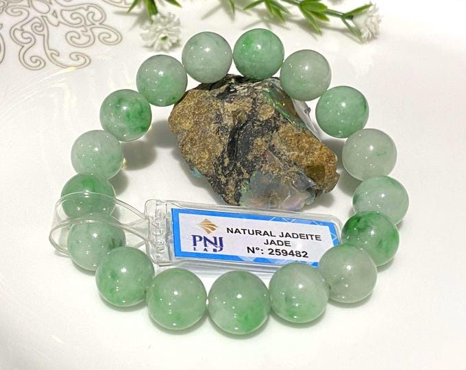 Vintage Translucent Natural Green, White Jadeite Jade Beads Bracelet 11.2MM
