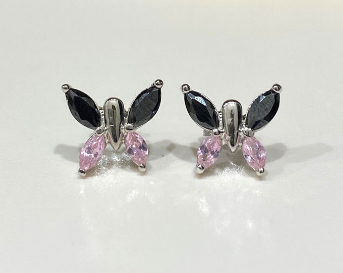 Sterling Silver Pink & Black Sapphire Butterfly Earrings.