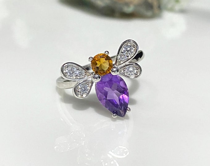 Vintage Sterling Silver Natural Amethyst, Citrine & White Topaz Bee Ring Size 6