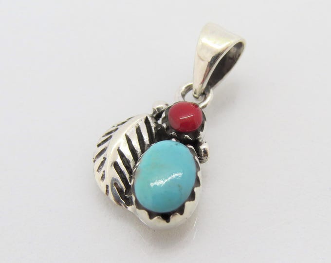 Vintage Sterling Silver Turquoise & Coral Leaf Pendant