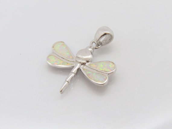 Vintage Sterling Silver White Opal Dragonfly Pend… - image 1