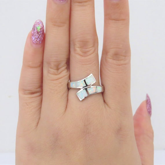 Vintage Sterling Silver White Opal Bypass Band Ri… - image 3