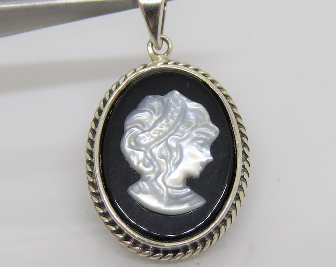 Vintage Sterling Silver Black Onyx Women Portrait Cameo Pendant