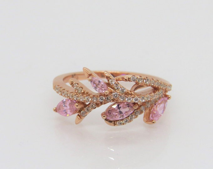 Vintage Sterling Silver Plated Rose Gold Pink & White Topaz Leaf Ring Size 5