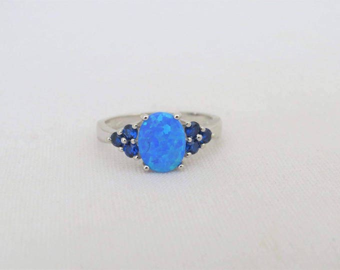 Vintage Sterling Silver Blue Opal & Blue Sapphire Ring Size 9