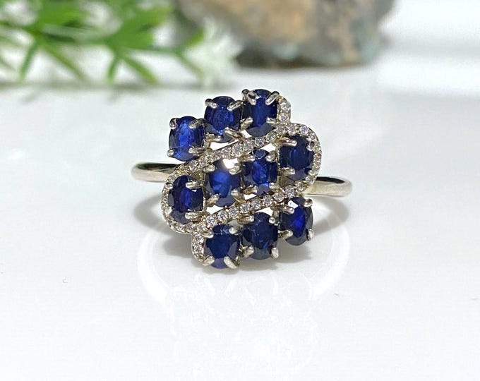 Vintage Sterling Silver Natural Blue Sapphire & White Topaz Ring Size 8