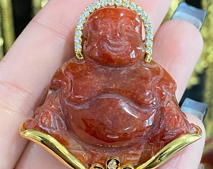 Vintage 18K Solid Yellow Gold Red Jadeite Jade, White Topaz Laughing Buddha Happy Buddha Pendant