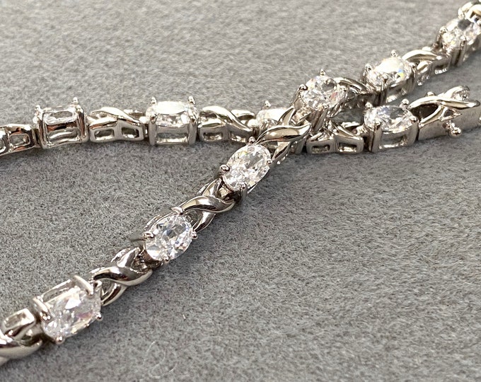 Sterling Silver Oval cut White Topaz Link Bracelet 7 2/8''