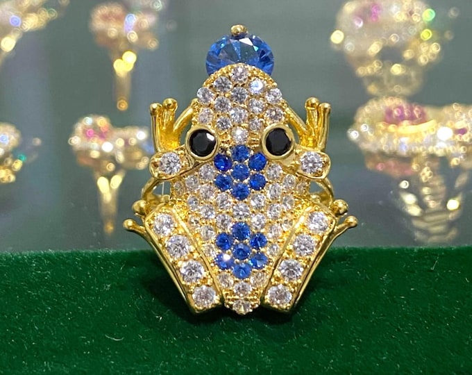 Vintage 15K 610 Solid Yellow Gold Blue Sapphire & White Topaz Black Sapphire Eye's Frog Ring Size 6.5