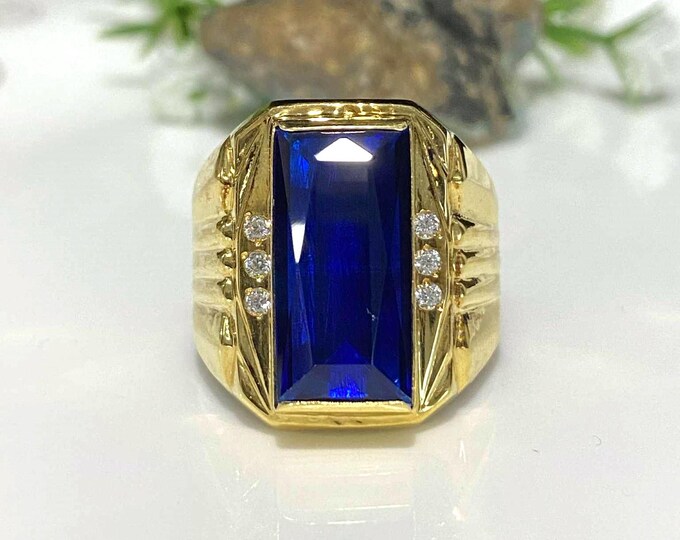 Vintage 15K Gold Blue Sapphire & White Topaz Men's Ring Size 12