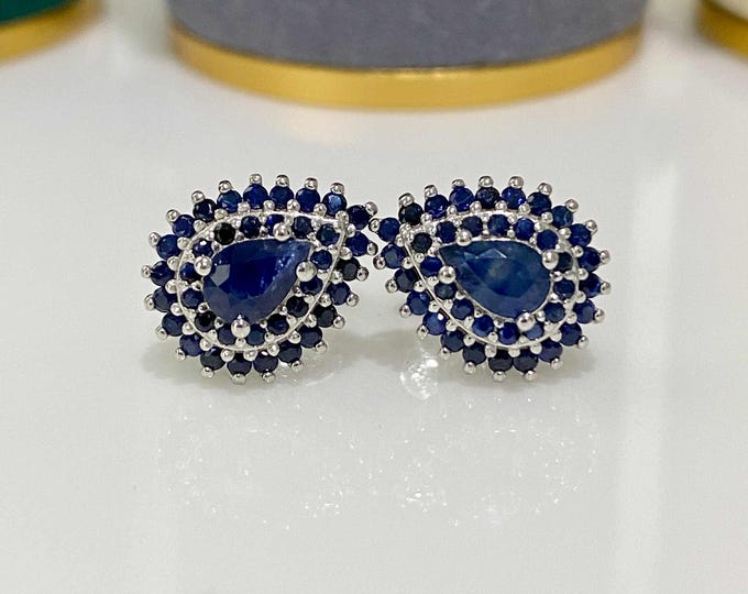 Vintage Sterling Silver Natural Pear cut Blue Sapphire Earrings.