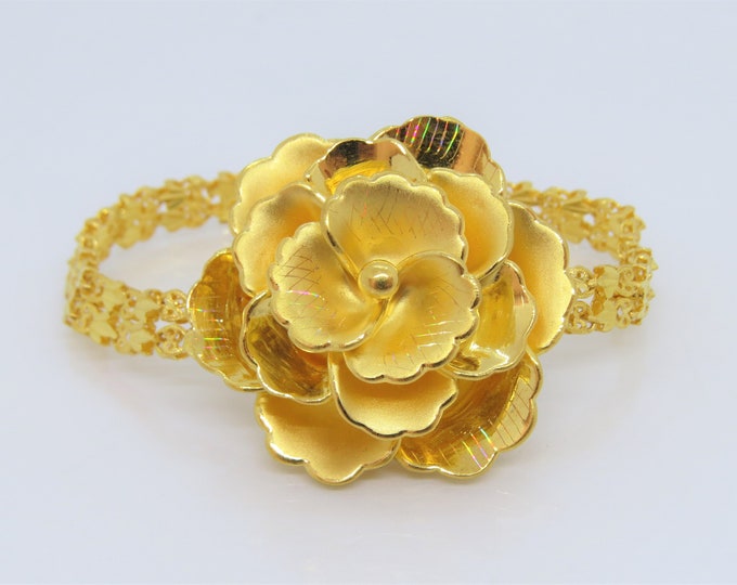 Vintage 24K 9999 Pure Gold Rose Flower Link Bracelet 7'' Length