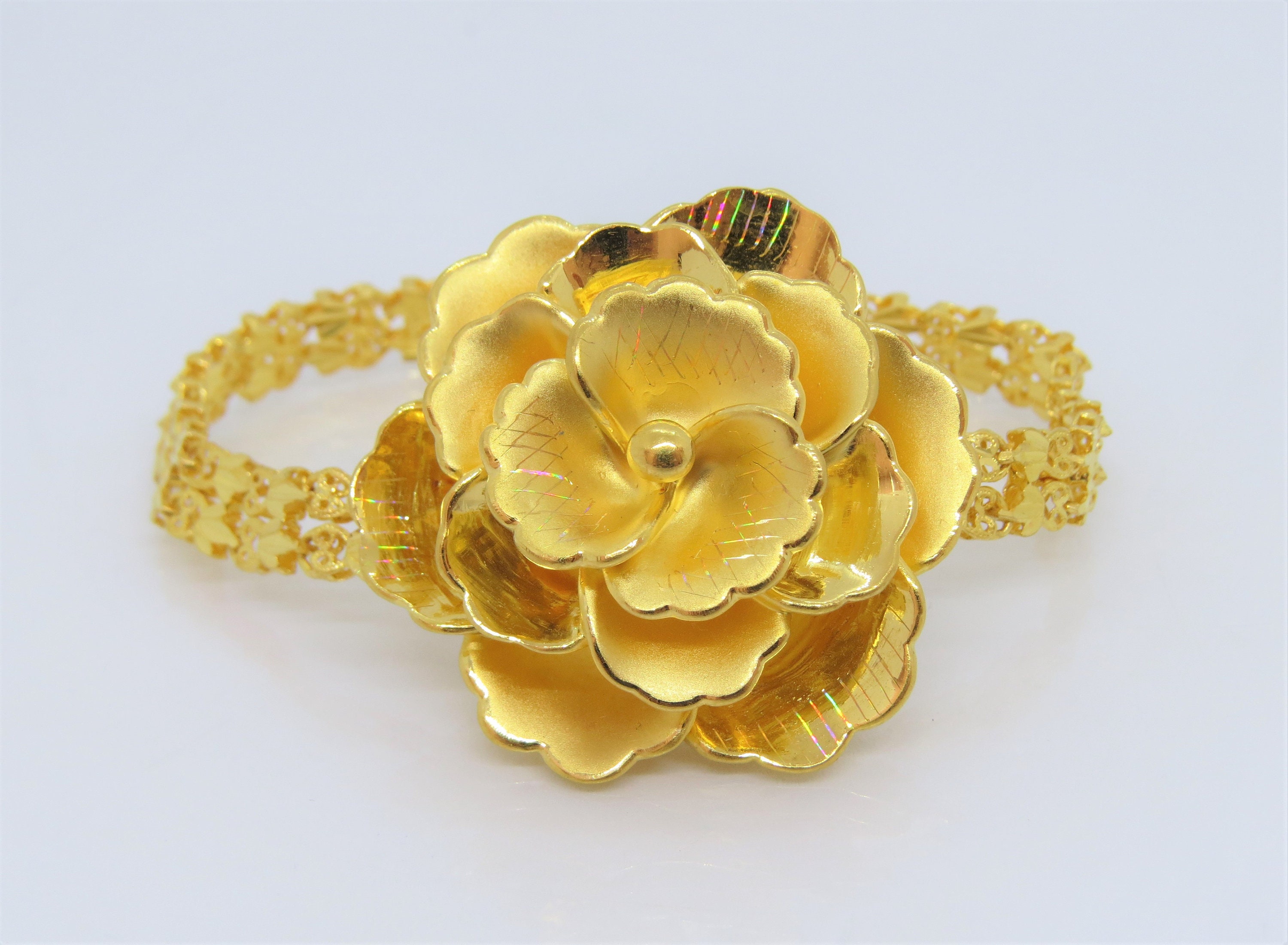 Vintage 24K 9999 Pure Gold Rose Flower Link Bracelet 7 Vintage 24K 9999 Pure Gold Rose Flower Link Bracelet 7