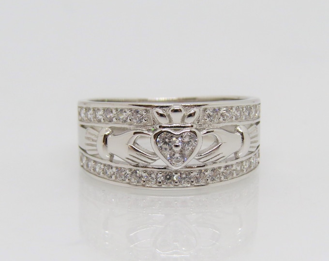 Vintage Claddagh Sterling Silver White Topaz Ring Size 6