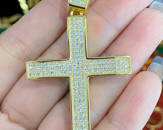 Vintage 14K Gold Plated 925 Sterling Silver White Topaz Micro Pave Cross Pendant for Men