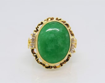 Vintage 18K Solid Yellow Gold Green Jadeite Jade & White Topaz Filigree Ring Size 6.75