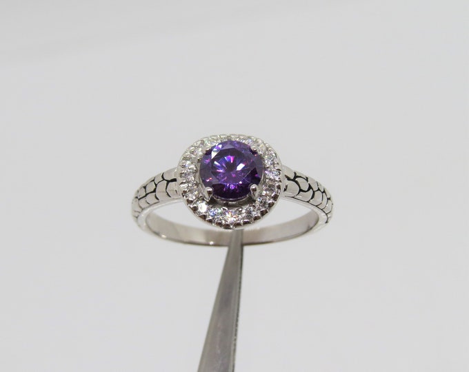 Vintage Sterling Silver Round cut Amethyst & White Topaz Ring Size 7