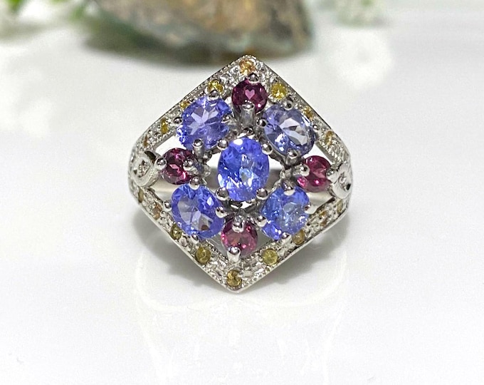 Vintage Sterling Silver Natural Tanzanite, Yellow Sapphire & Rhodolite Ring Size 8
