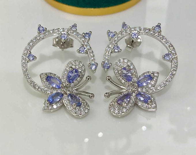 Vintage Sterling Silver Natural Tanzanite & White Topaz Butterfly Earrings.