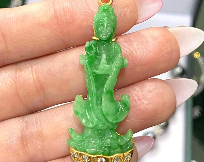 Vintage 18K Solid Gold Natural Green Jadeite Jade & White Topaz Kwan Yin Buddha Pendant Mat Phat Ba Quan Am.