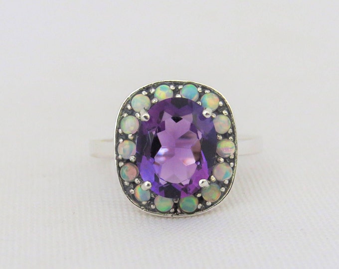Vintage Sterling Silver Amethyst & White Opal Halo Ring Size 8