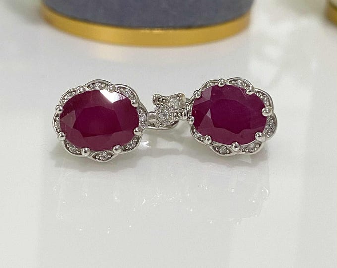Vintage Sterling Silver 3.72cts Natural Oval Cut Ruby & White Topaz Earrings.