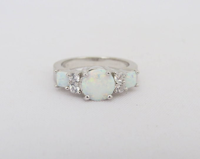 Vintage Sterling Silver Fire Opal & White Topaz Three stone Ring Size 9