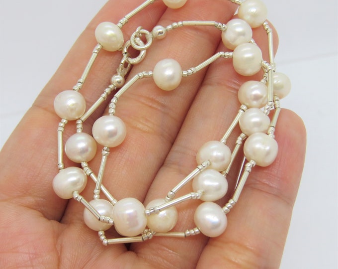 Vintage Sterling Silver Pearl Necklace 16''
